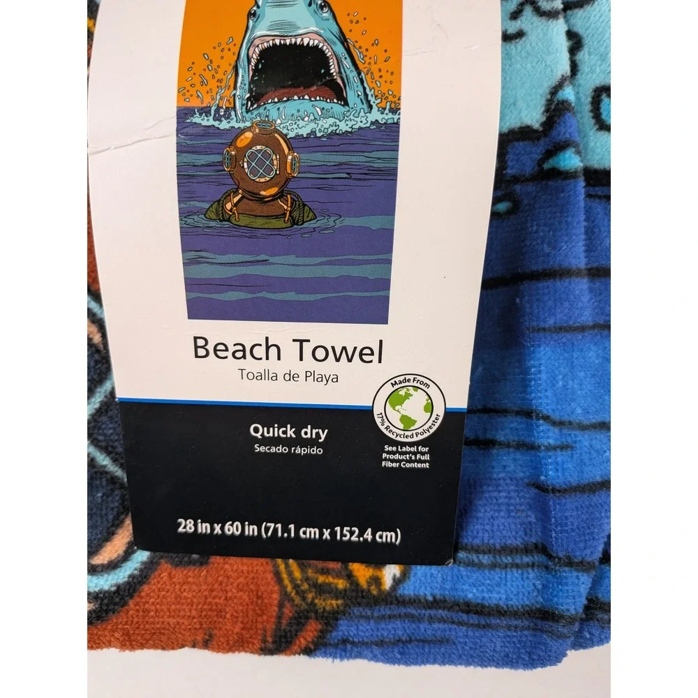 Mainstays Shark and Deep Sea Diver Quick Dry Beach Towel Blue 28x60 NEW